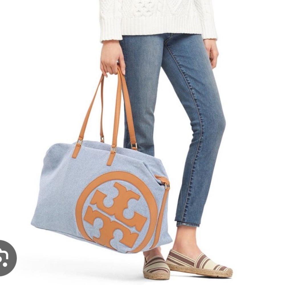 Tory Burch Lonnie Logo Blue and Camel Canvas Large Tote Duffle Bag